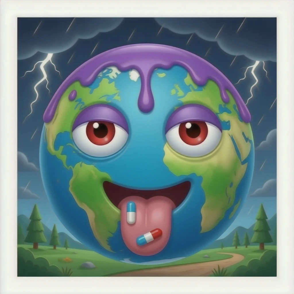 The earth with low bloodshot eyes, purple goo dripping on top and it's tongue stuck out, pills on the tongue emoji