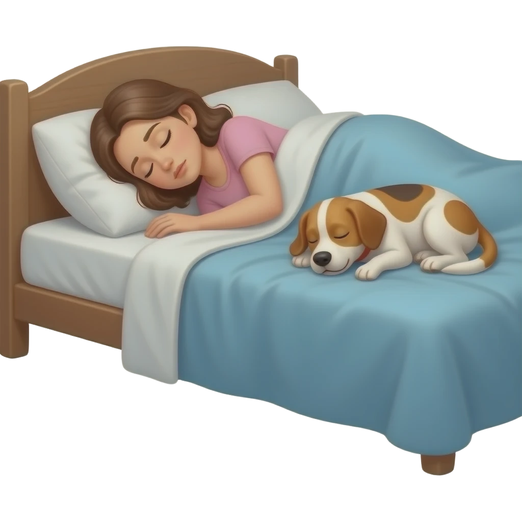 Una mujer durmiendo en una posición muy incómoda al borde de la cama porque su perro está durmiendo cómodamente ocupando todo el espacio. emoji