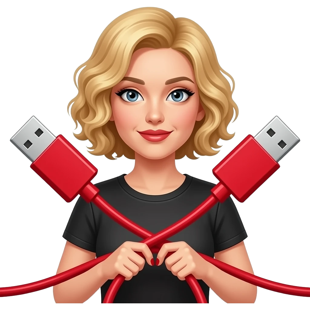 above neck Short blonde curly hair holding a massive two red USBS with wire going across them  with two hands, red finger nails and brown lipstick and black eyebrows and black eyelashes in a black and peach short sleeve shirt emoji