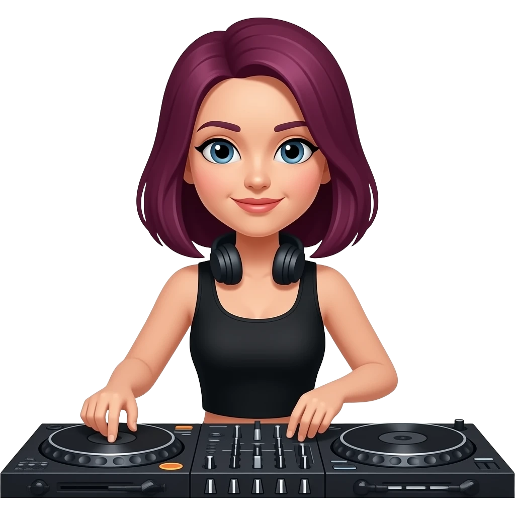 디제잉을 하는 블랙커런트색상의 중단발머리 여자 emoji