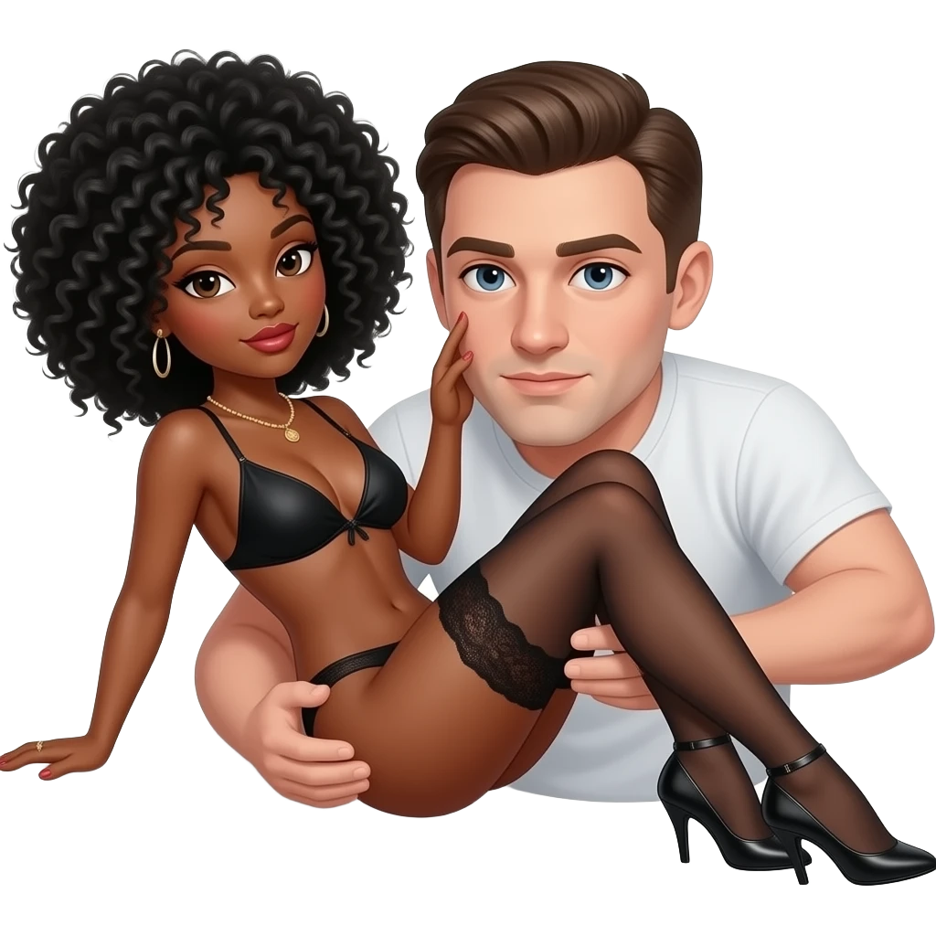 A sexy black woman with black hair Afro having sex doggy style position with white man with brown hair emoji
