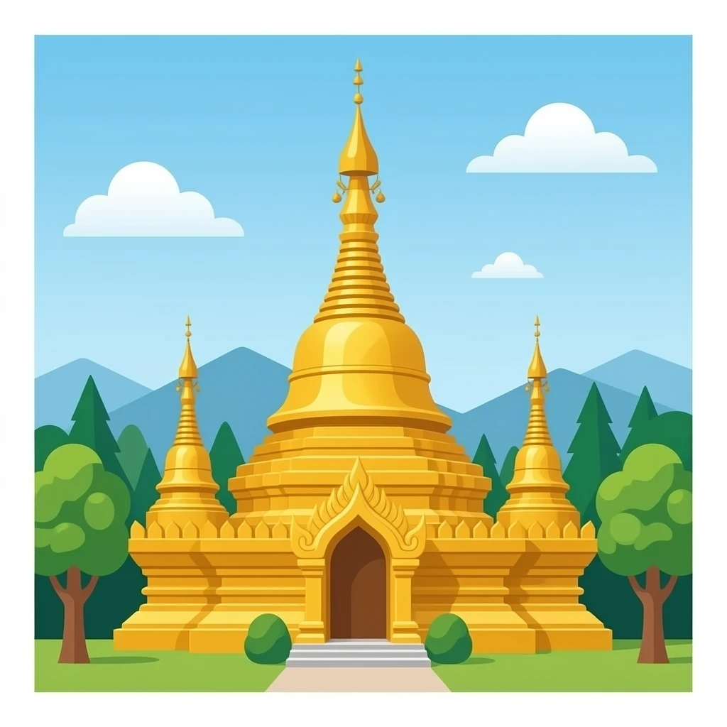 Dai minority pagoda in Xishuangbanna, simplified emoji style with bold outlines and bright colors, cartoon style golden Buddhist tower emoji