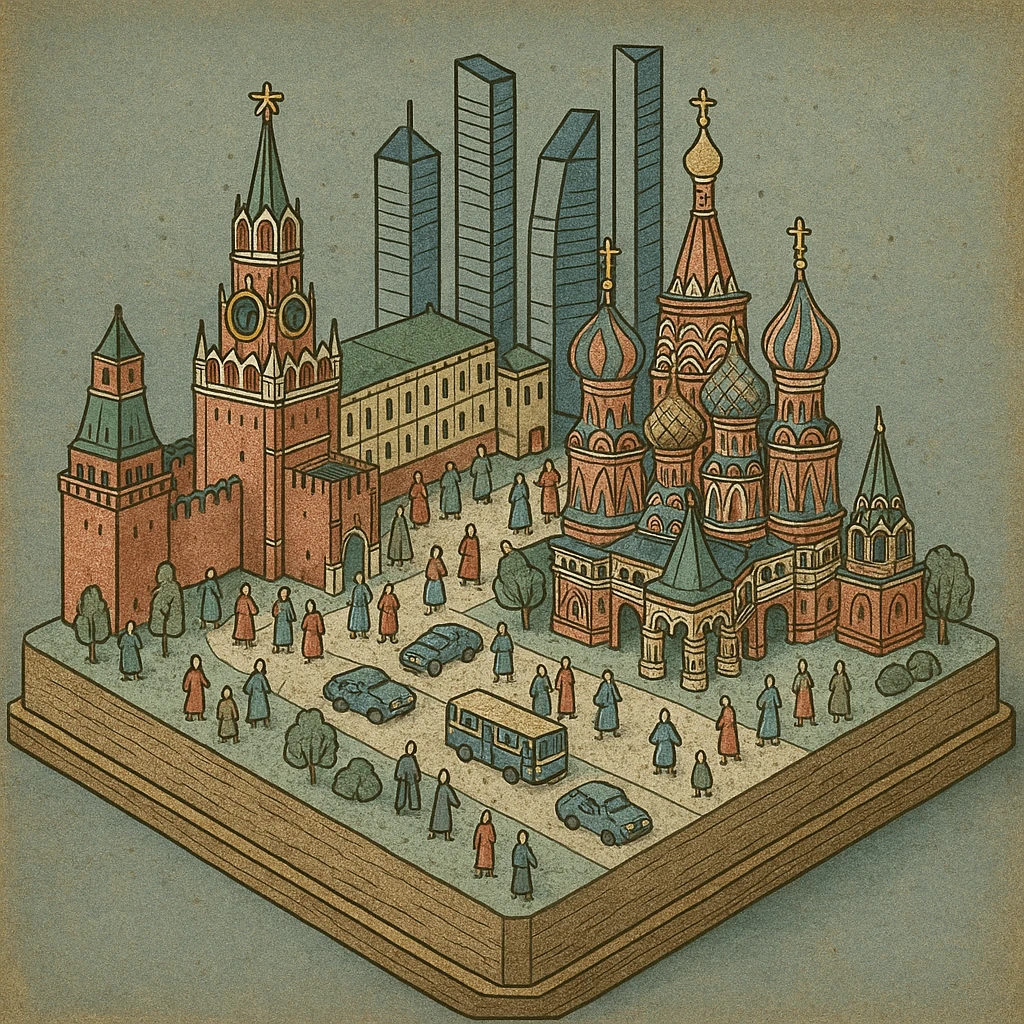 Изометричная миниатюрная 3D модель Москвы на подставке - фотореалистичный Кремль, собор Василия Блаженного, Башни Москва-Сити, аккуратная детализация, люди и автотранспорт, яркие цвета, мультяшный реализм, компактная композиция,  вид сверху в изометрии emoji