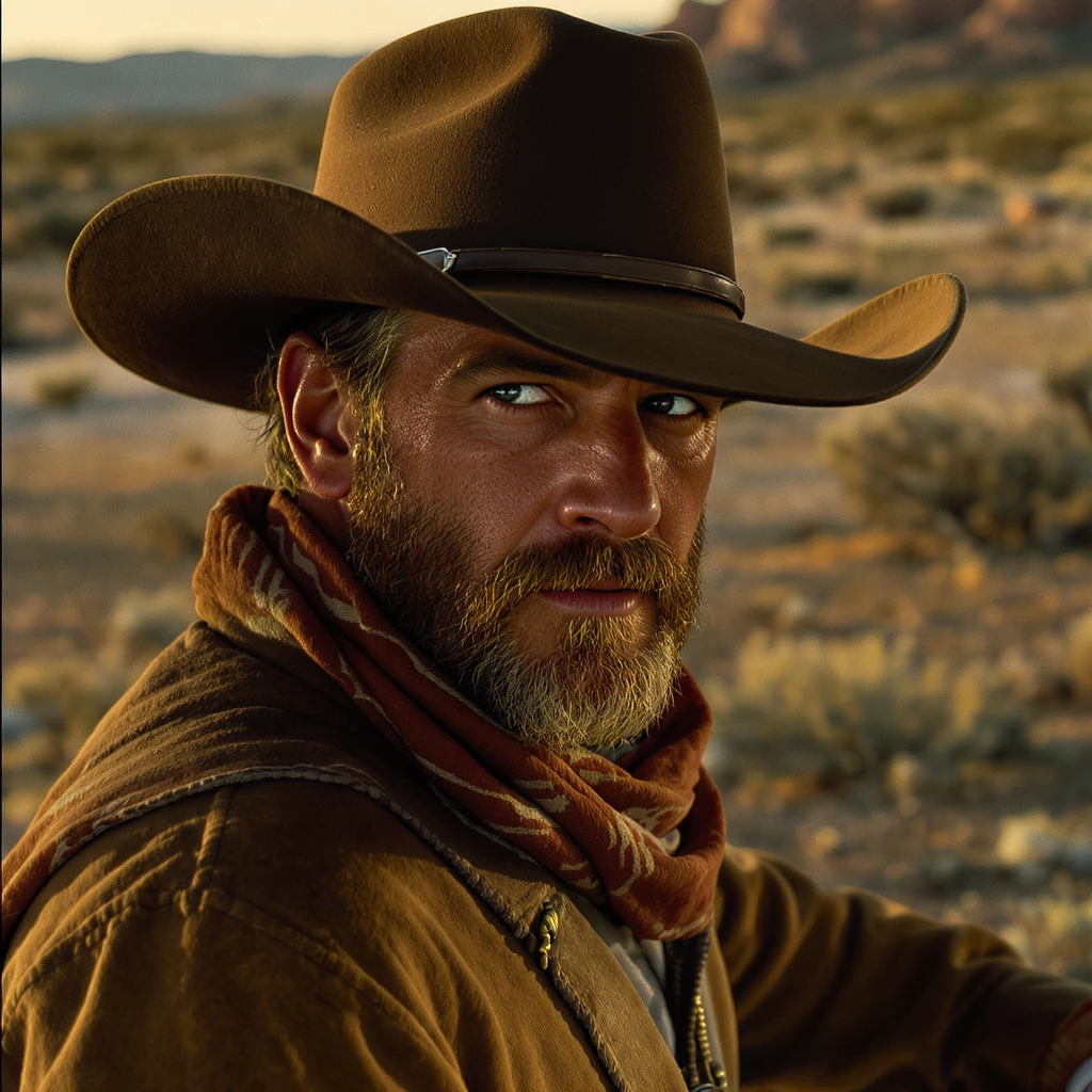 Cinematic , documentary photography, top angle medium shot, cowboy look eye brave, hard light golden hour, desert arizona, shot on arri alexa, 80s movie emoji