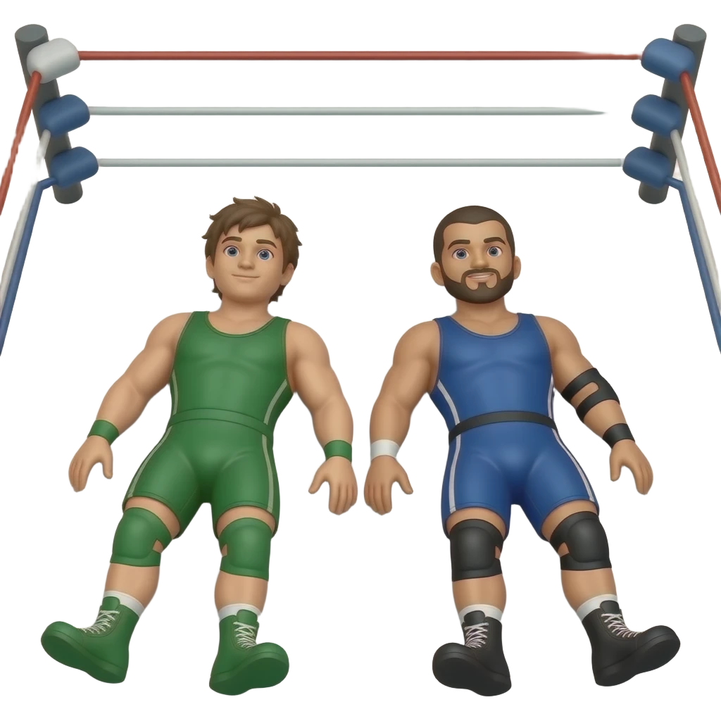 Erstelle ein Bild von Wrestler in kurzen, knappen und engen Wrestler-suits, die beiden haben unterschiedlich Farben an (Grün und blau) und sie ringen liegend miteinander auf dem Boden im Ring emoji