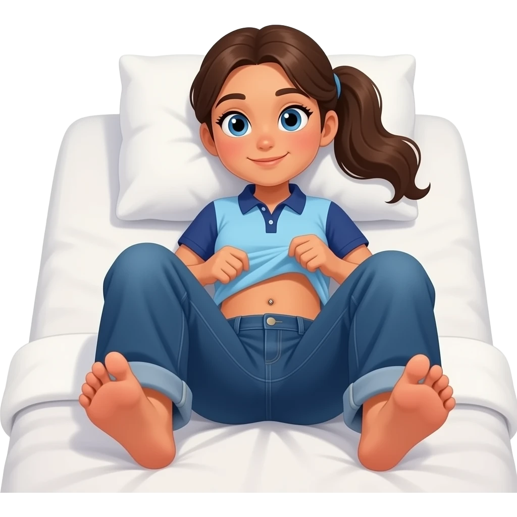 Hispanic girl with brown ponytail and blue eyes light blue and dark blue polo and dark blue baggy jeans and belly button laying down on her pillow on her bed showing her feet lifting her shirt emoji