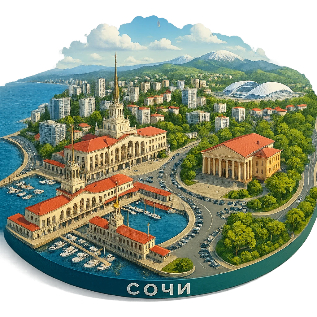 Изометричная, яркая, детализированная и фотореалистичная иллюстрация панорамы города Cочи на круглой подставке в стиле 3D-коллажей городов, здание Морского Порта, Зимний театр, стадион Фишт, море чёткие линии, слегка мультяшная стилистика, прозрачный фон, не обрезать края картинки emoji