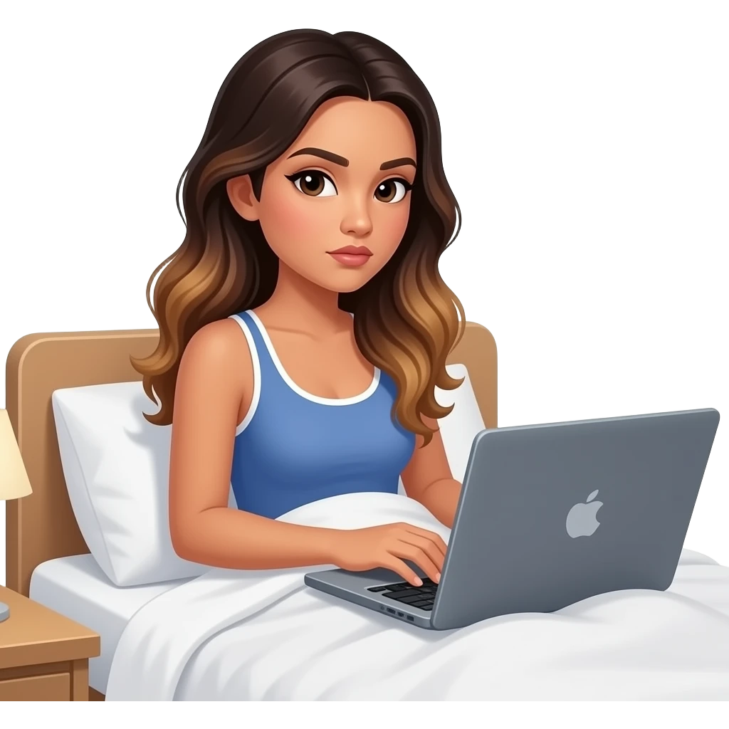 beautiful-filipino-woman-beautiful-eyes-with-long-wavy-hair-balayage--sitting on laptop-before going to bed-in bed-side view-serious emoji