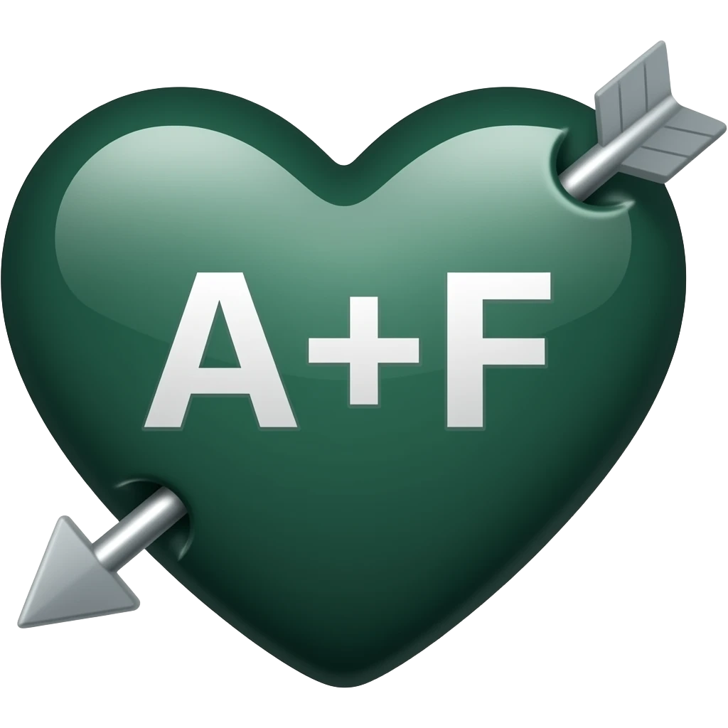 Dark green Heart with arrow going through it with “A+F” in the middle of the heart emoji