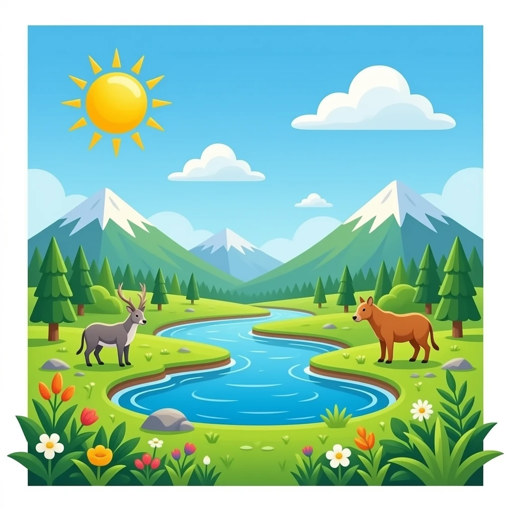 temperate realm of land, water and sunlight inhabited b plats and plant eating animals emoji