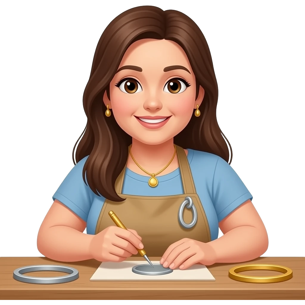 A woman in her 20s with long, straight brown hair; she is slightly overweight, has a cheerful disposition, and is a jewelry maker who works with gold and silver emoji