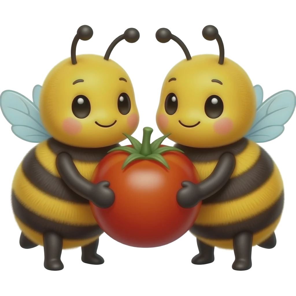 two cute bumblebees holding a cherry tomato together emoji