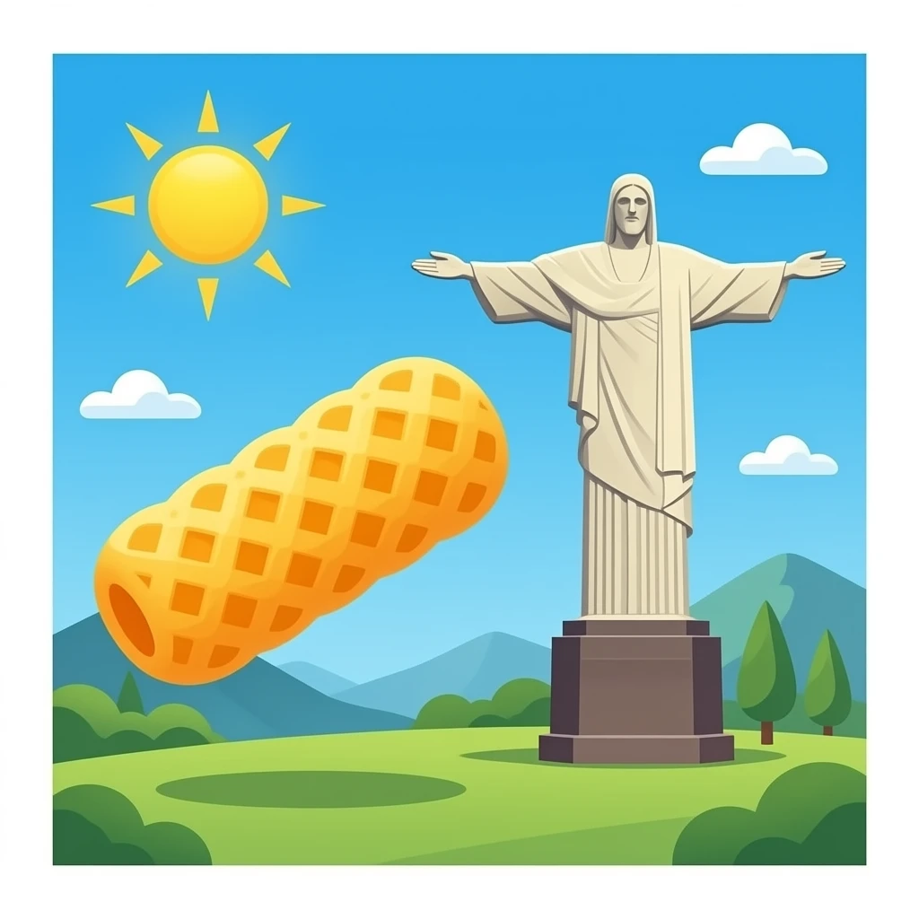 "orange colored Cheeto puff -without cross hatching, placed next to Christ the Redeemer statue with outstretched arms -tinted light yellow" emoji