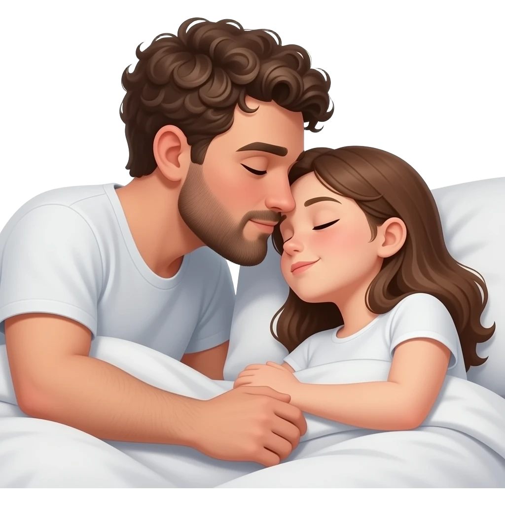 Realistic white man brown super short curly hair with beard kissing while sleeping in bed realistic white girl brown hair emoji
