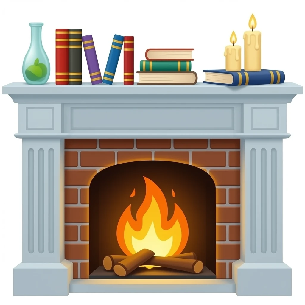 Fireplace with books and candles on the mantle emoji