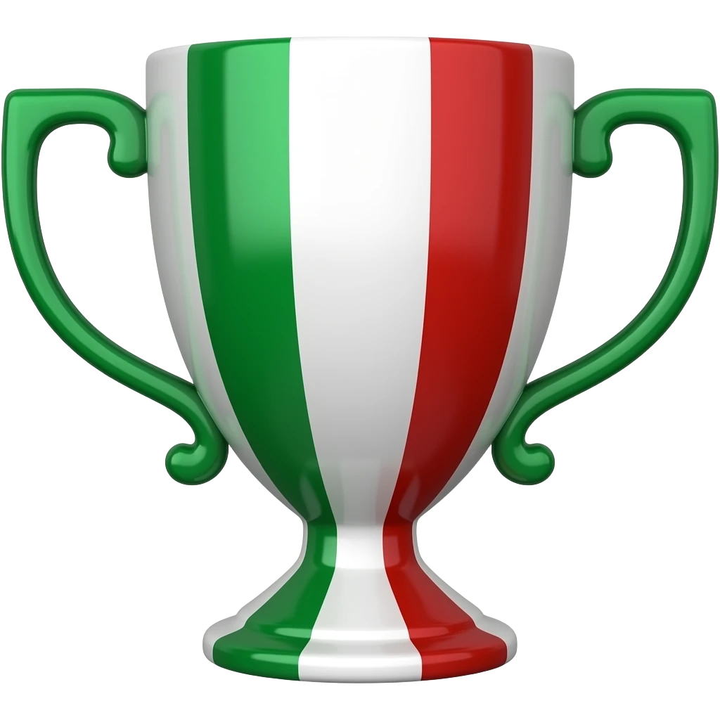 iOS emoji style, classic champion trophy cup white green and red strips, realistic proportions, clean 3D design, glossy green plastic material, soft light reflections, smooth curved handles, elegant silhouette, minimalistic, high quality, transparent background emoji