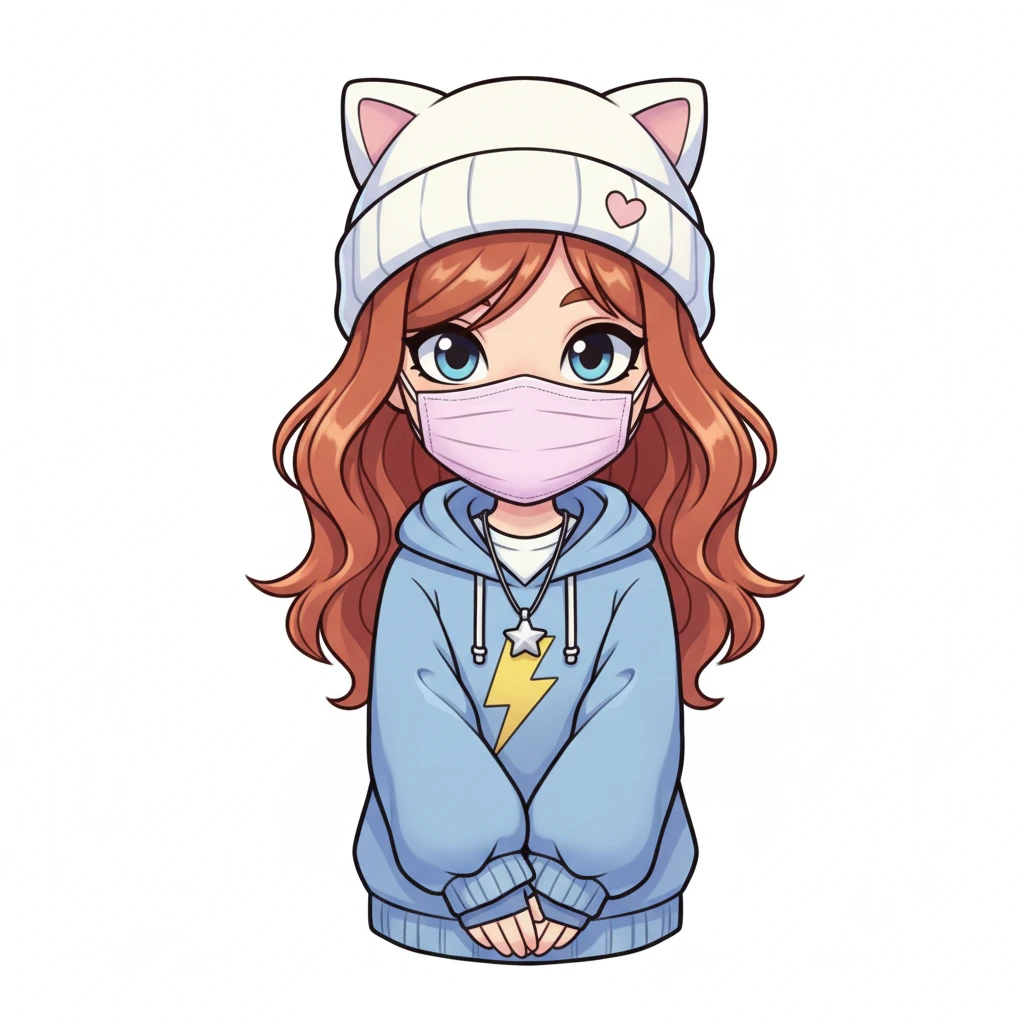 a beautiful girl wearing mask, front view,  Frontal Top-Down Soft Light, white background, portrait, casual cartoon stylized game mobile emoji