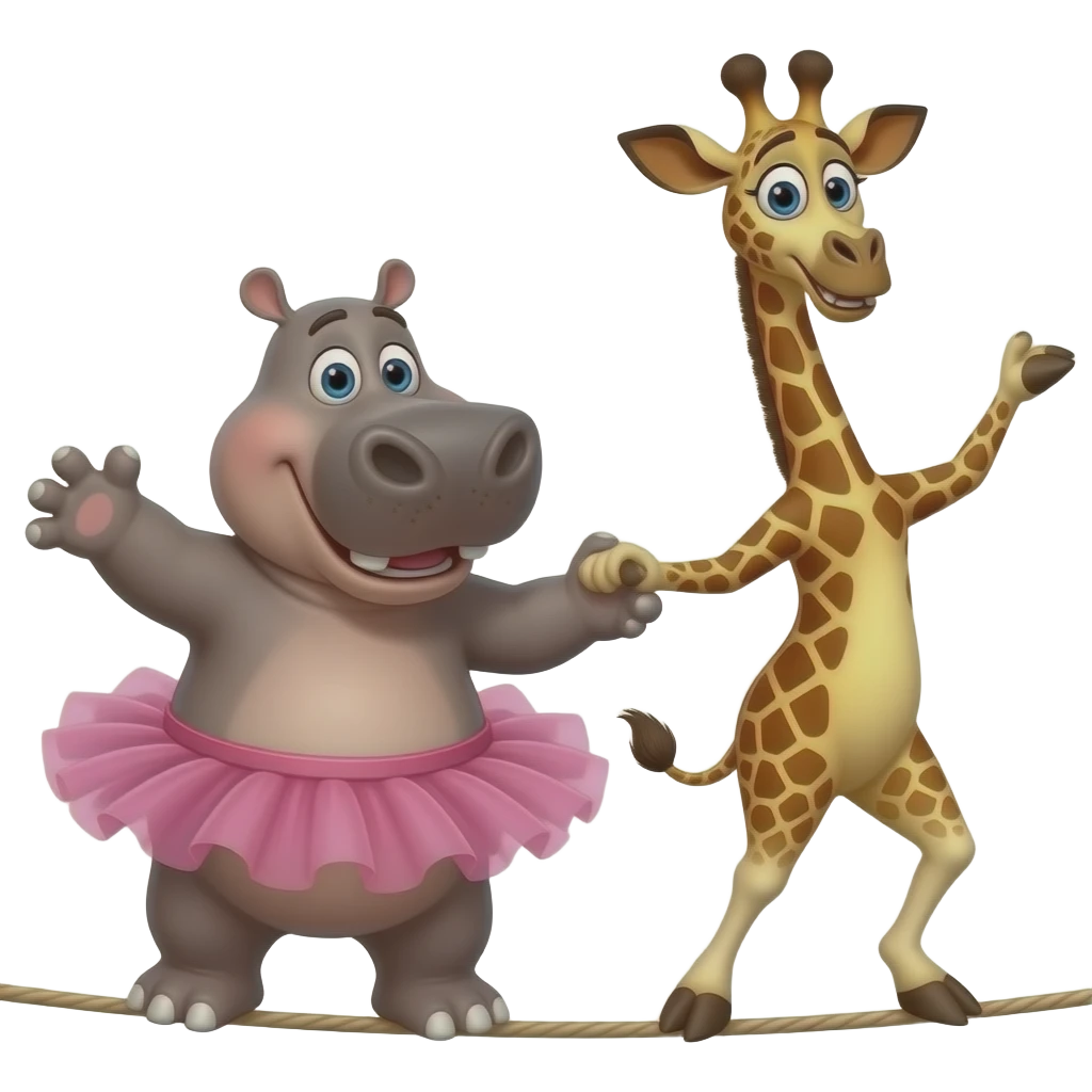 hipopotamo con tutu rosa y una jirafa en una cuerda floja bailando con titulo madagascar emoji
