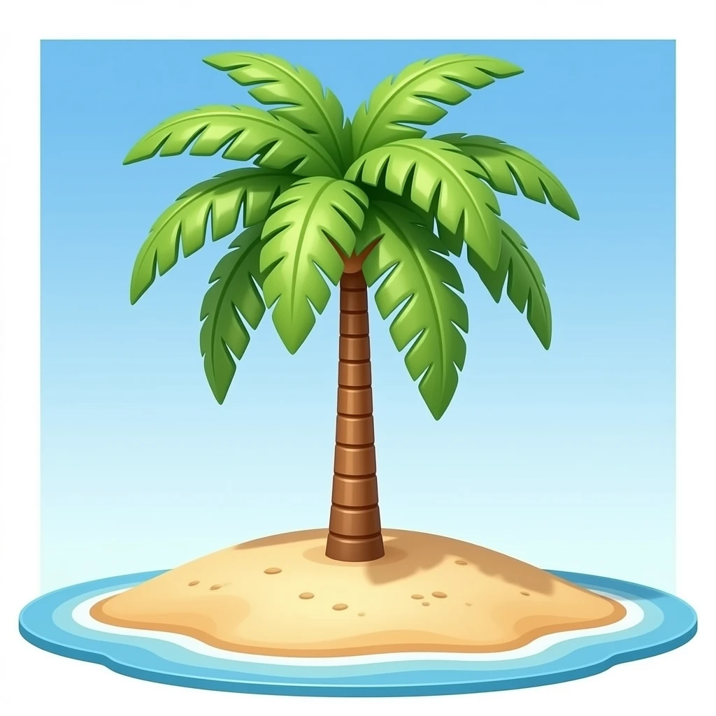 3D chrome, luxurious sand island and palm tree, minimalist style, front view. emoji