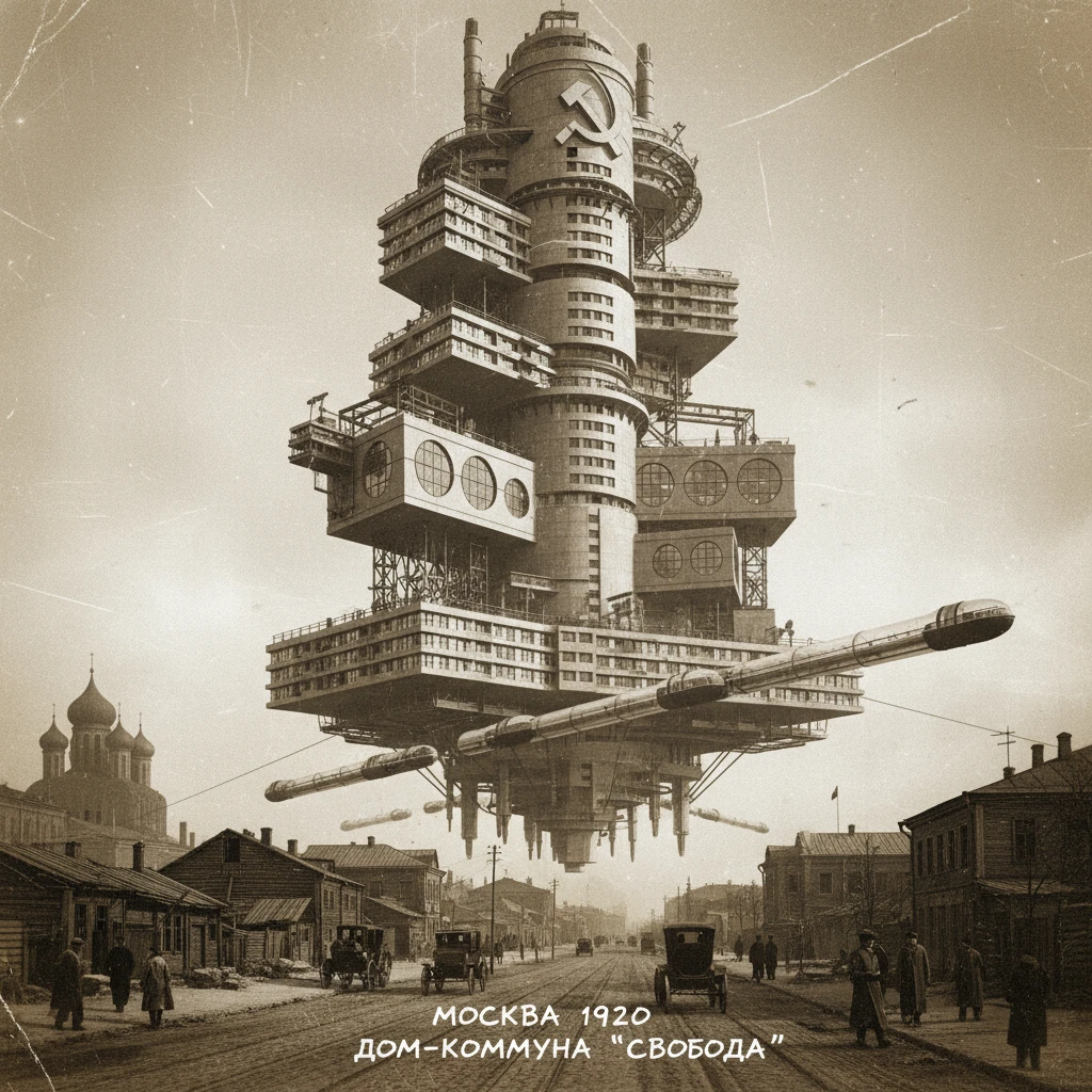 Конструктивистский футуристичный дом-коммуна на фоне Москвы 1920 года

Стиль - архивные снимки emoji