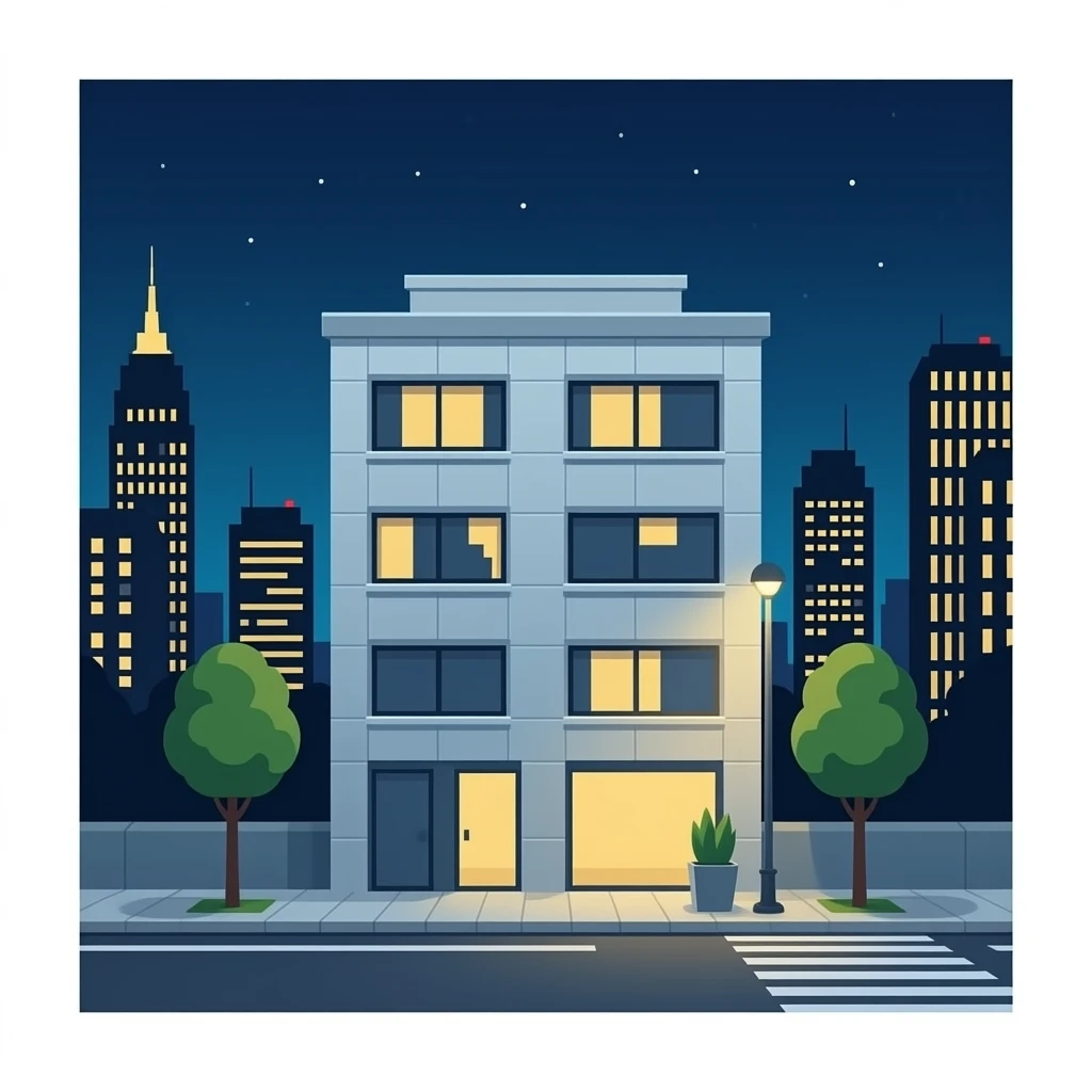 Vista frontal y cercana desde la calle de un solo edificio moderno en una ciudad de noche emoji