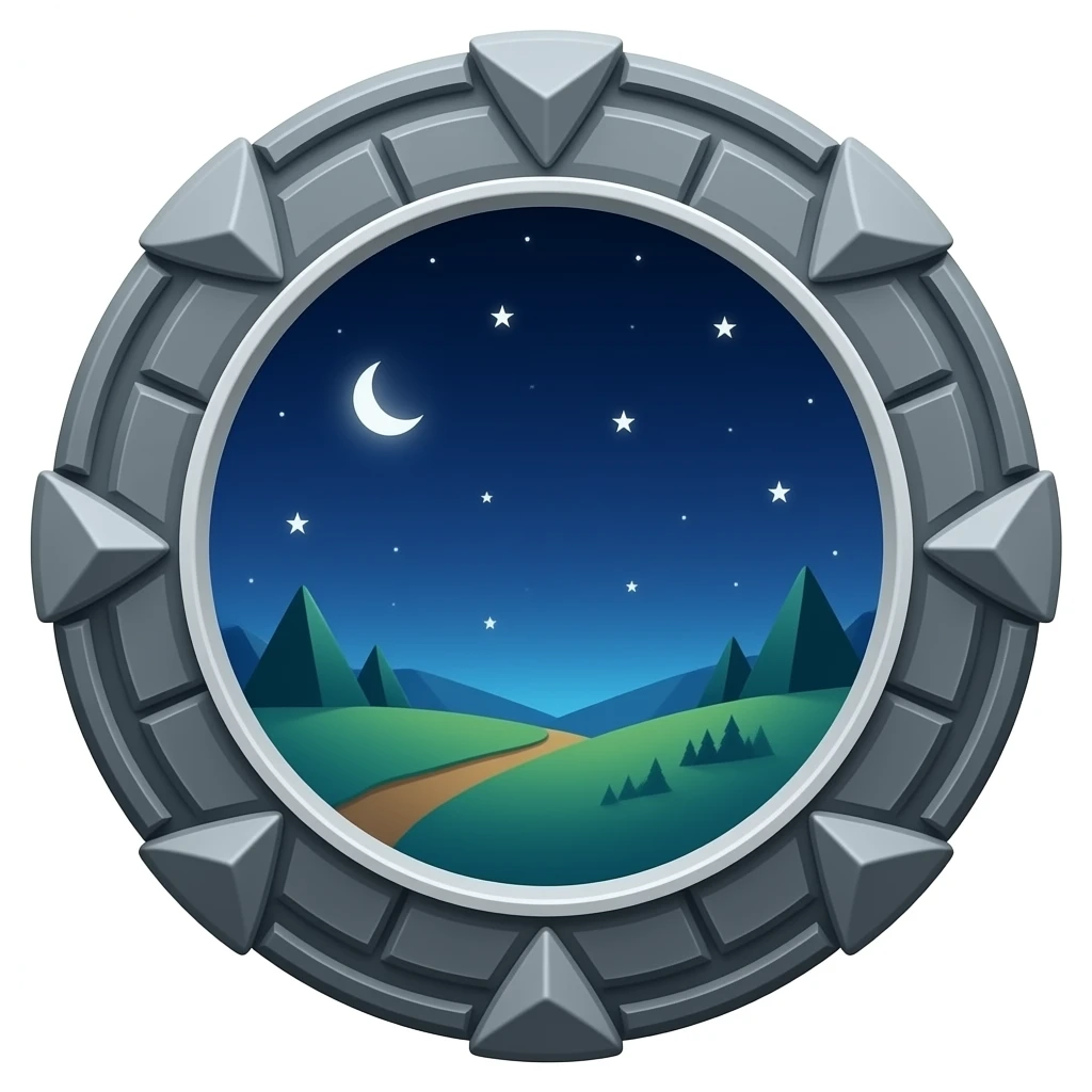 An ancient stargate made of dark gray metal with Nine chevrons equally spaced around the rim, emoji