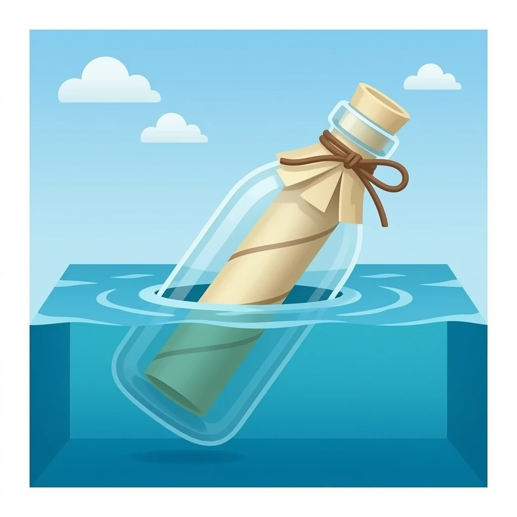 message rolled into itself with knot on the paper, in a bottle floating at sea. The sea is kinda a squared box from bottom to middle of image emoji