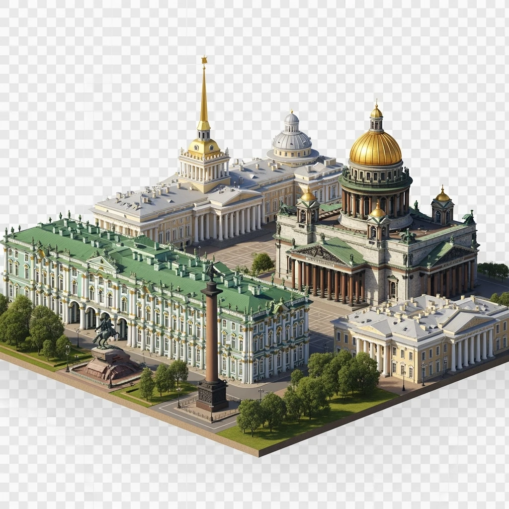 Изометрическая иллюстрация-модель Санкт-Петербурга с акцентом на фотореалистичный Исаакиевский собор, Зимний дворец, памятник Петру I, Адмиралтейство, здание Сената, Александрийский столп, баланс между стилизацией и реализмом, эффект рисованной миниатюры Tift shift, прозрачный фон. emoji
