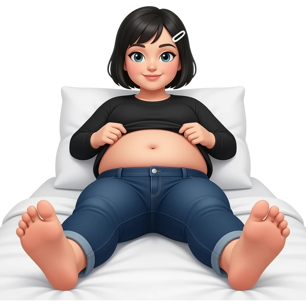 White woman with black short hair, white hair clip, black long sleeve shirt, dark blue jeans, and a chubby body laying on bed showing her feet lifting her shirt to show her chubby belly emoji