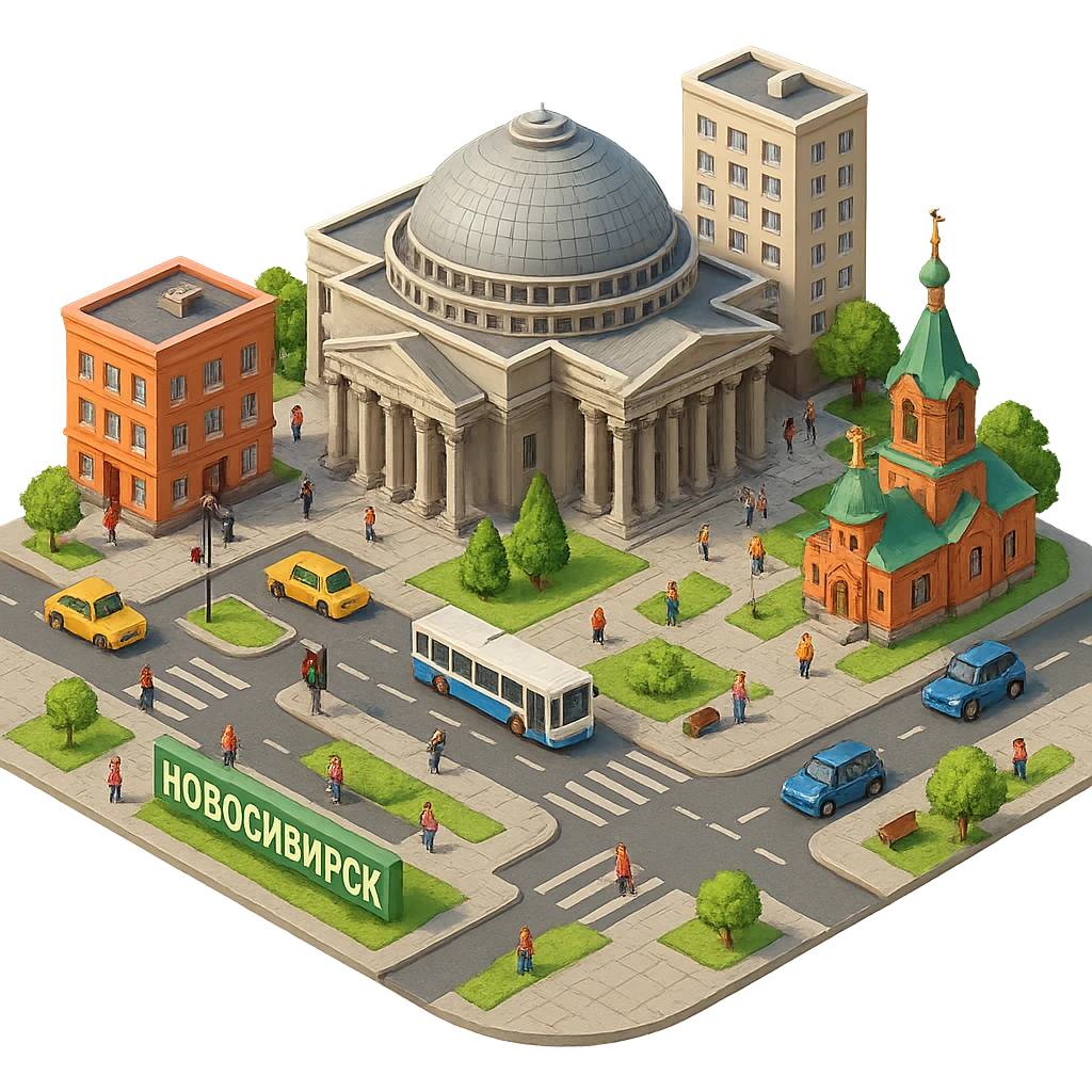 Изометричная миниатюрная фотореалистичная 3D модель Новосибирска, четкая детализация, яркие цвета, мультяшный реализм, люди, автотранспорт, компактная композиция, вид сверху в изометрии, прозрачный фон emoji