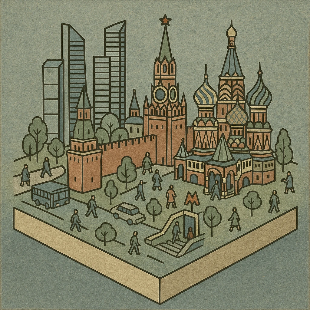 Изометричная миниатюрная 3D модель Москвы на подставке - фотореалистичный Кремль, собор Василия Блаженного, фотореалистичный Башни Москва-Сити, аккуратная детализация, яркие цвета, мультяшный реализм, гуляют люди и современный автотранспорт и метро, компактная композиция, вид сверху в изометрии emoji