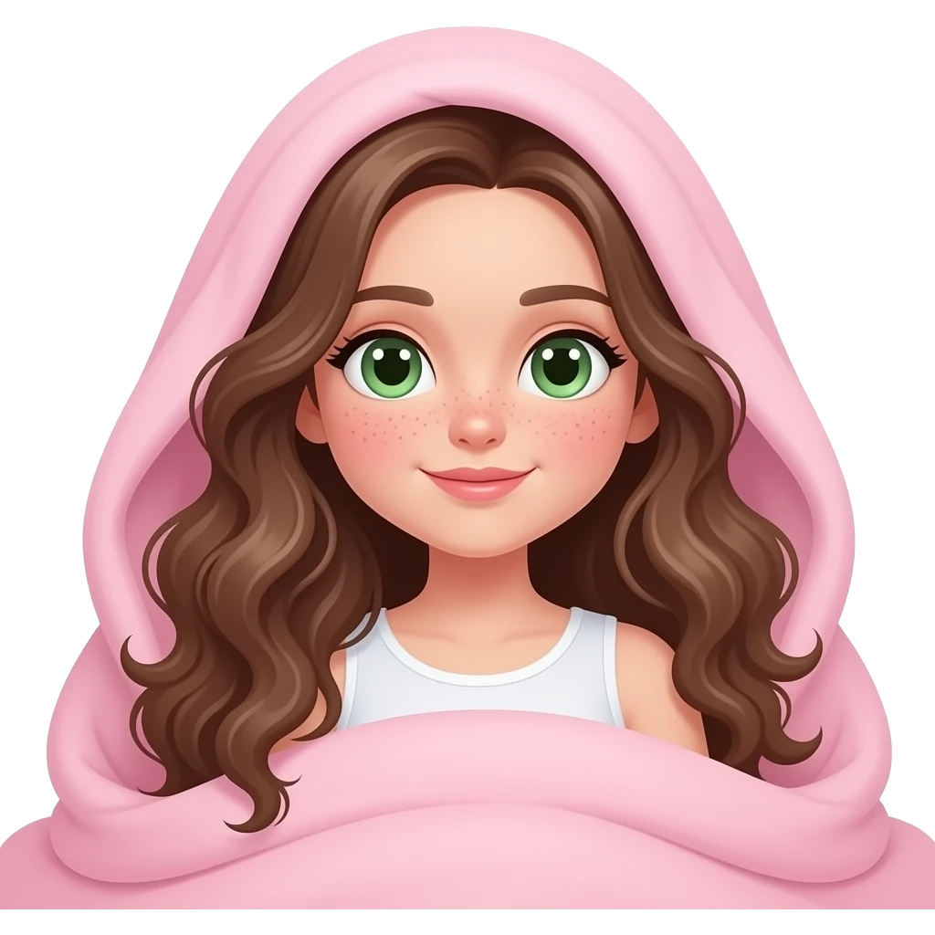 Brown wavy long hair green eyes cute face with freckles pretty girl covered with pastel pink blanket on head all body under blanket all girl visible emoji
