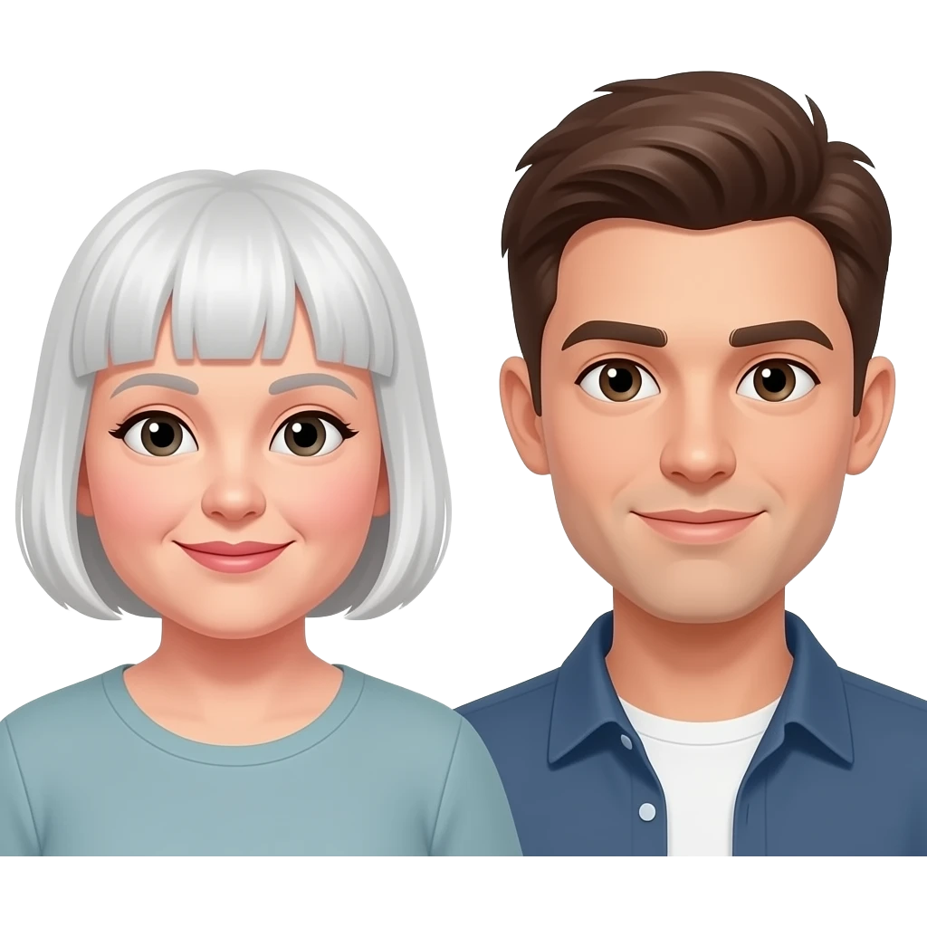 Emoji of 1 middle aged white chubby woman with short white hair with a fringe and 1 young handsome man with short brown hair emoji