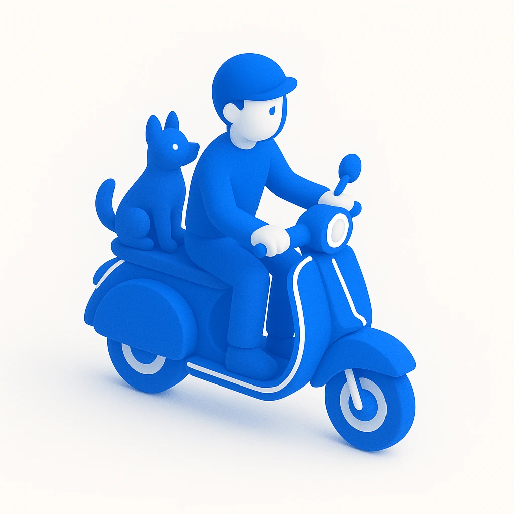 man and his pet dog riding a vespa emoji
