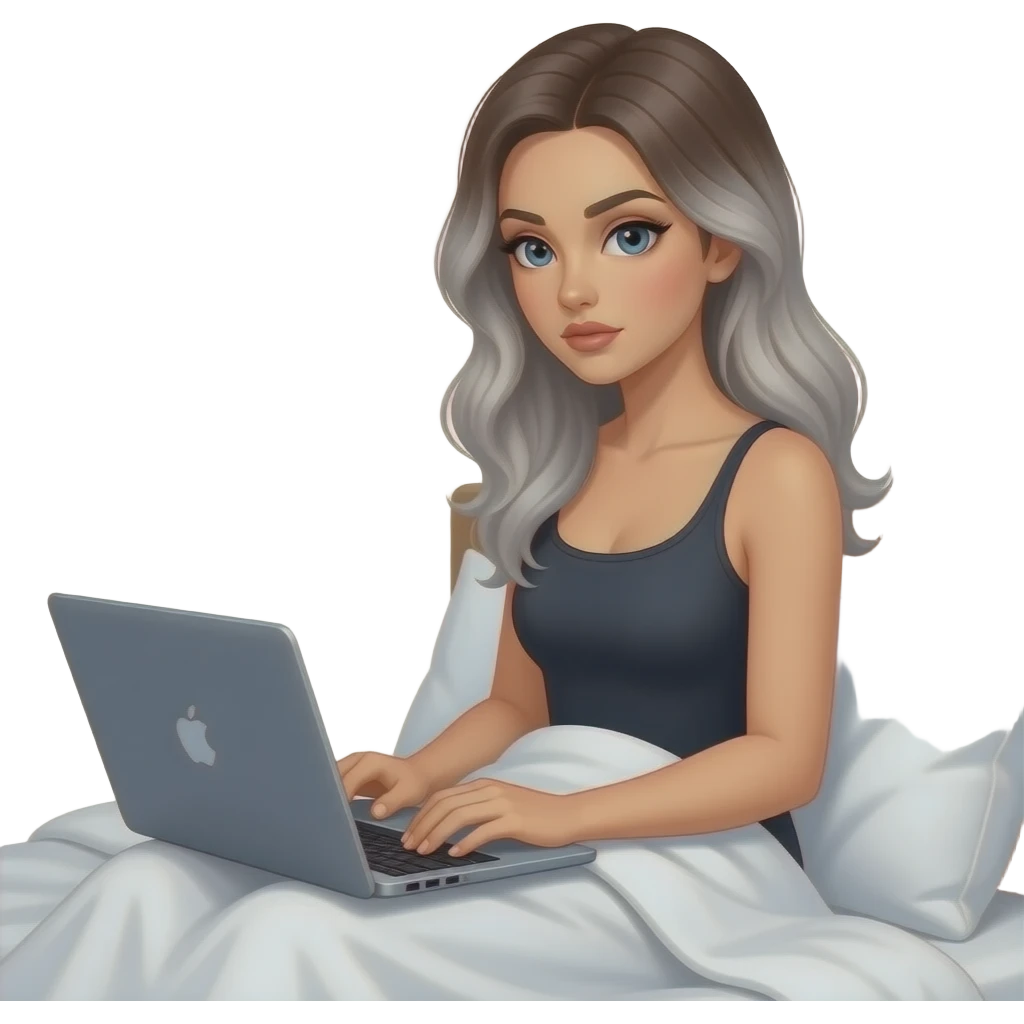 beautiful-brunette-woman-beautiful-eyes-with-long-gray-hair-balayage--sitting on the bed-with a laptop-looking at the laptop-side view-serious emoji