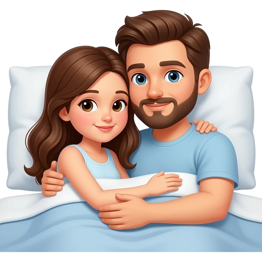Two People cuddling in bed, girl long brown hair, boy has brown beard and hair emoji