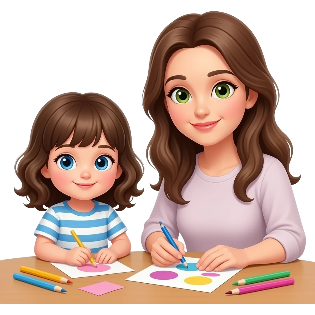 white kid blue eyes mid length hair to shoulders with bangs soft curly hair to shoulders in color: middle to little darker blond. With her mother, a mother white with hazel green eyes and level 7 hair brown hair long to her chest. doing crafts together at the table emoji