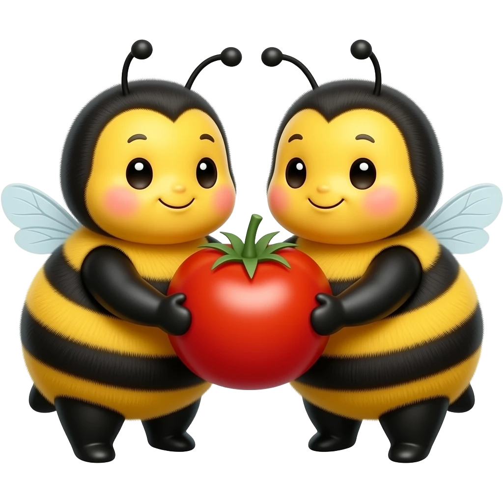 two cute chubby bumblebees holding a cherry tomato together emoji
