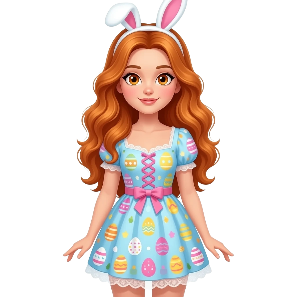 sexy girl with long wavy ginger hair and ginger eyes is wearing a easter dress, the full body is to seen emoji