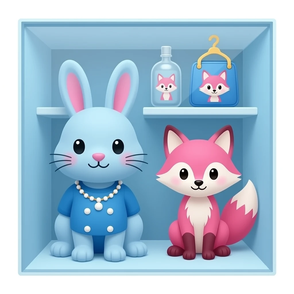 展柜里陈列兔子狐狸周边，要求偏写实，以蓝色粉色为主 emoji