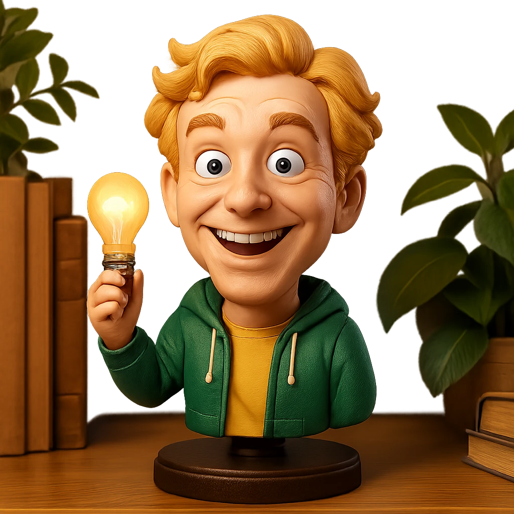 bright and expressive male visionary, fair skin, tousled golden hair, wide joyful eyes, wearing a green hoodie over a yellow tee, one hand raised with a glowing lightbulb, waist-up, front-facing emoji