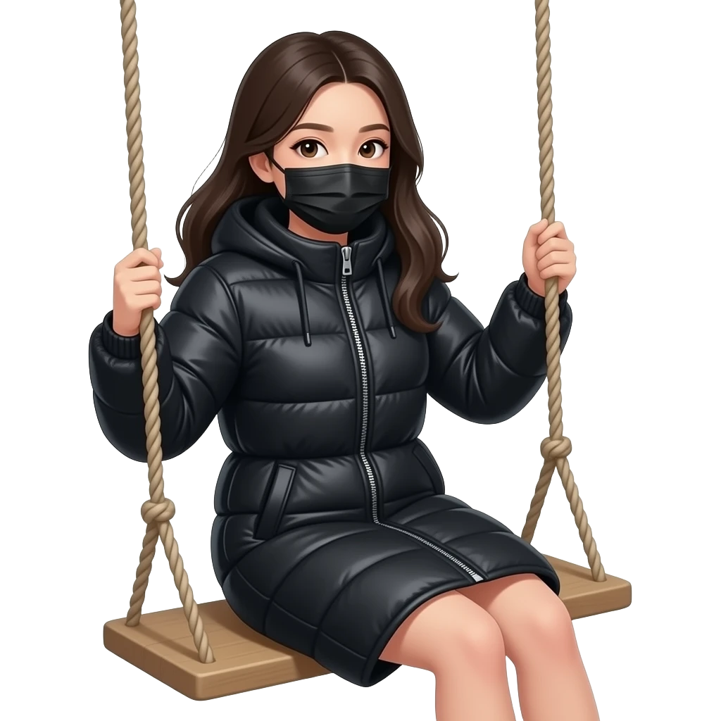 全身照。 一个长发亚洲女人身上裹着到膝盖长度的连体长款黑色羽绒服（羽绒服帽子紧紧包在头上，拉链完全紧扣遮盖嘴部，只露出眼睛），正坐在秋千上，荡秋千，秋千的绳已经向前荡出45°角度。 emoji