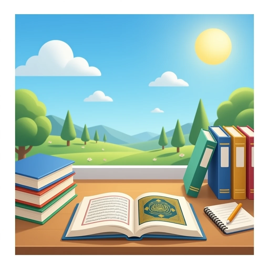 صورة واقعية مكتب  يحتوى على مذكرات  وكتب و أمامه  قران  مفتوح على سورة البقرة emoji