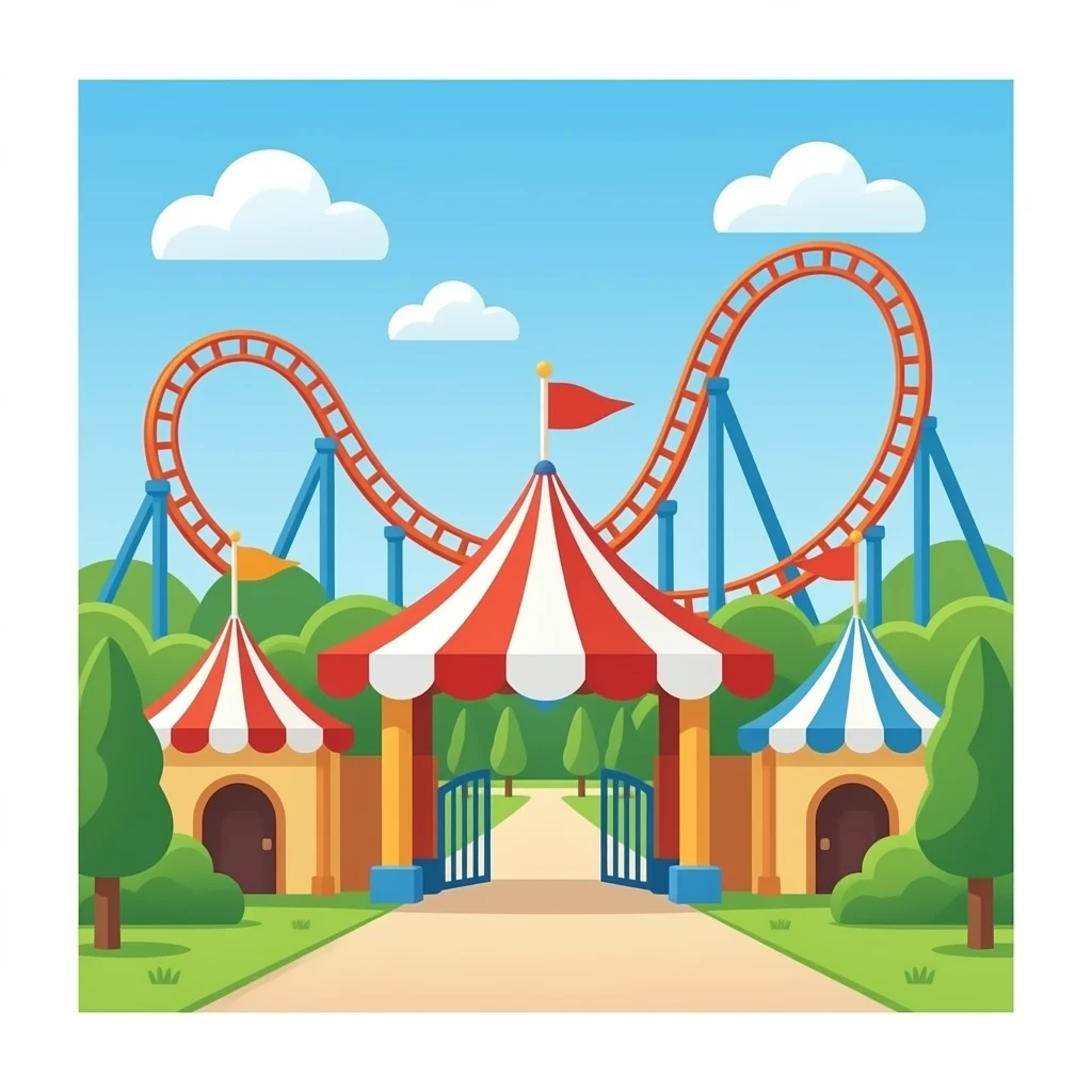 iOS app icon style, a theme park entrance with roller coasters in background, flat design, vibrant colors, rounded corners emoji