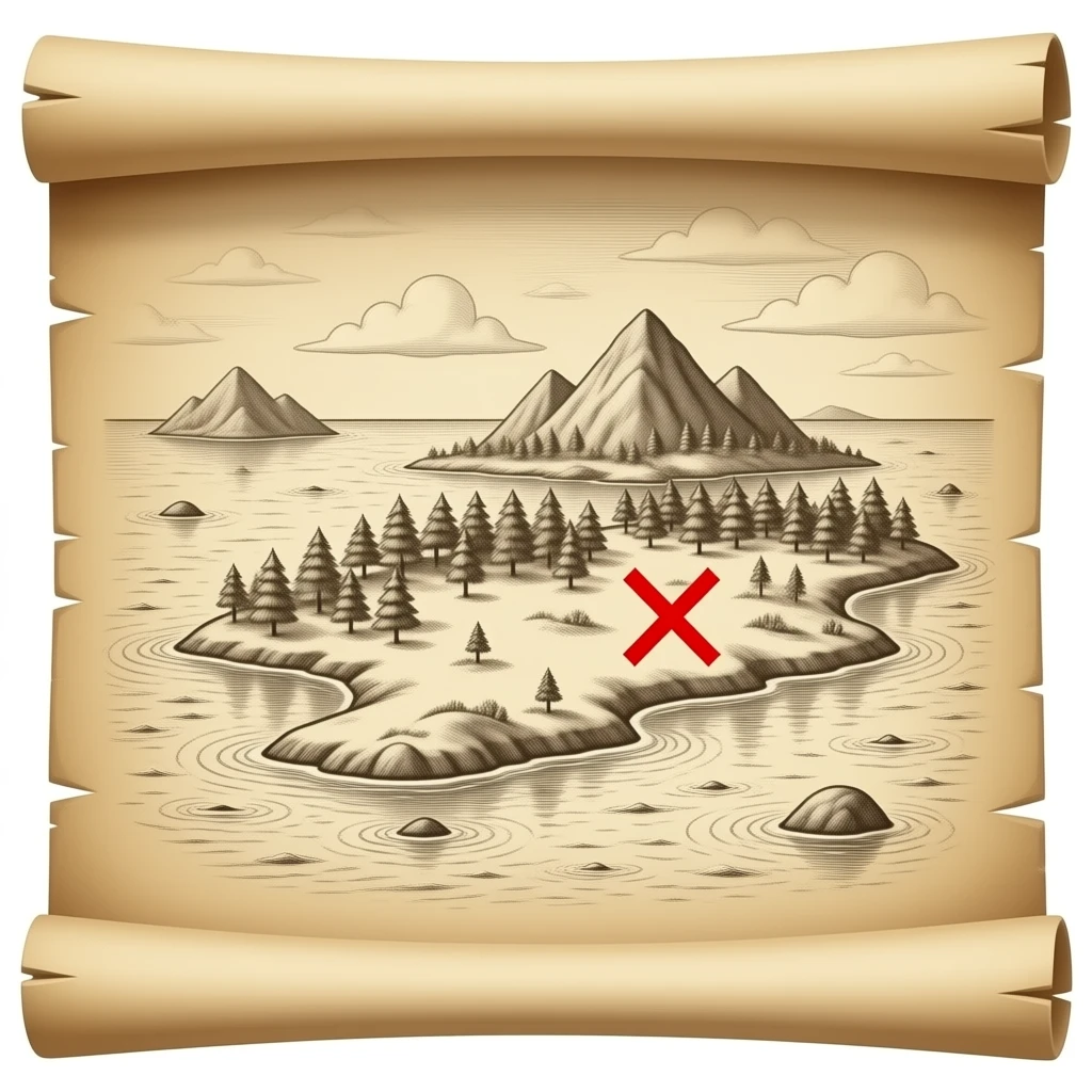 A treasure map, highly detailed, depicting an ocean and an island, drawn in charcoal, X marks the location of the treasure, old parchment, slightly scrolled ends emoji