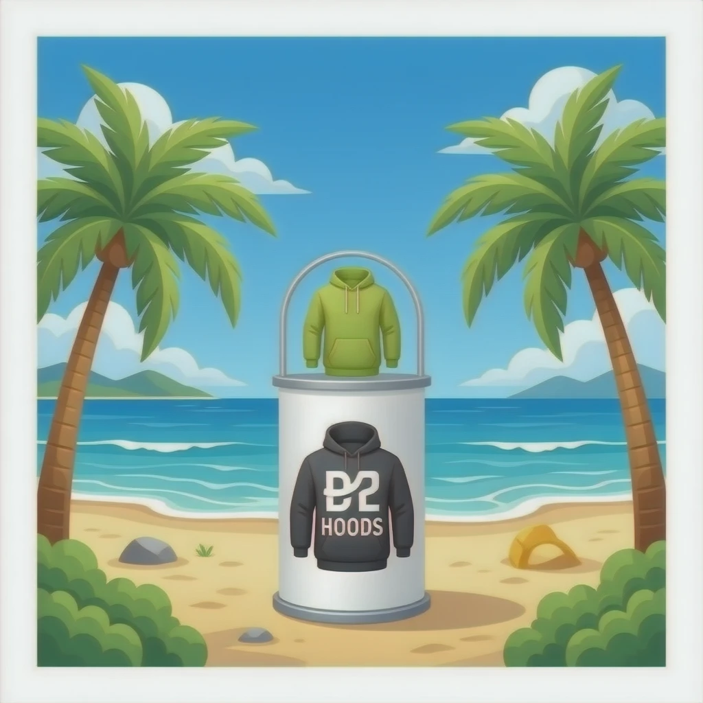 Stand Pop up avec vêtements de la marque « Hoods" sur la plage emoji