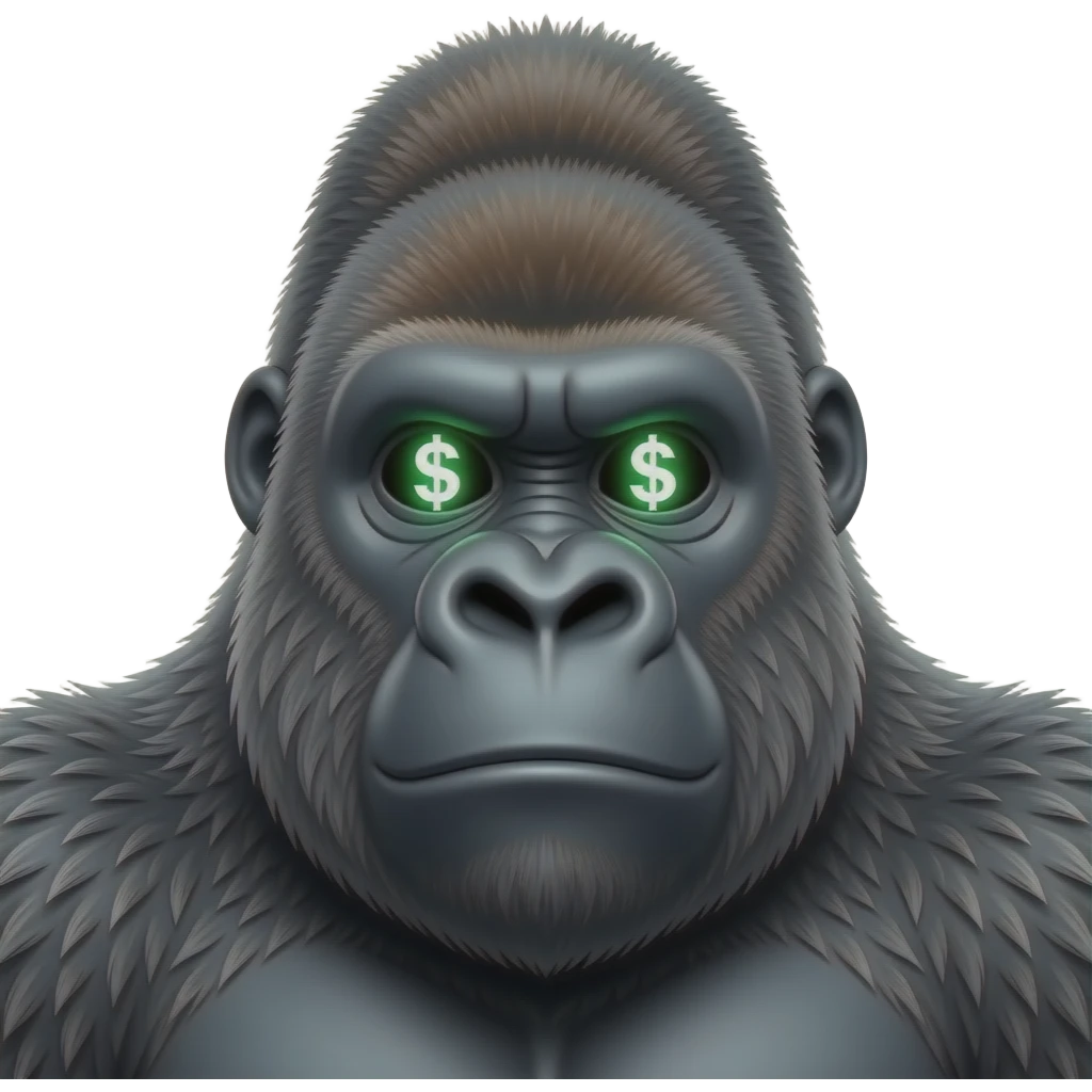 a huge gorilla with neon dollar signs in its eyes close up pfp emoji ...