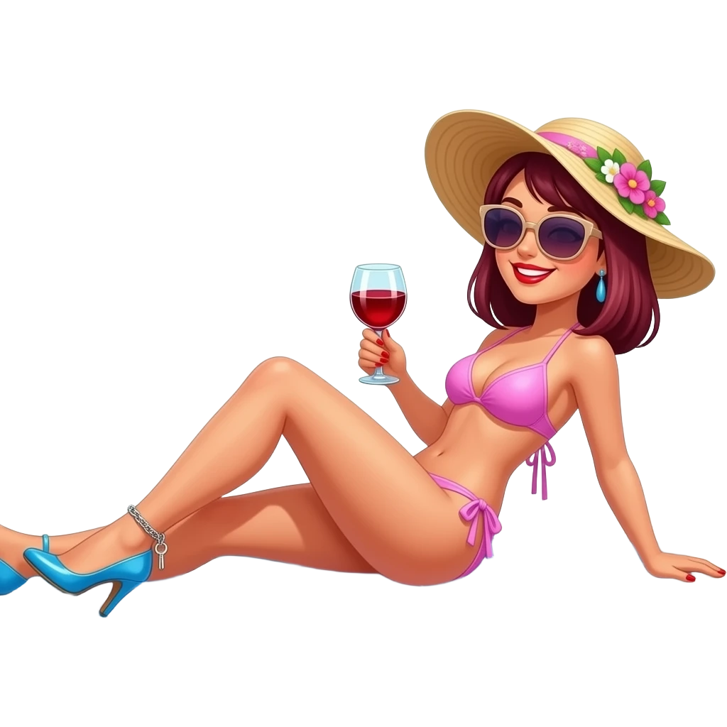 Woman. Burgundy, straight shoulder-length hair, lying down, sunbathing by swimming pool. baby pink bikini. very high blue stiletto heels. bright red lipstick. bright red nail polish. smiling. Ankle chain with small key dangling off. glass of red wine in one hand. flowery sun hat. large sunglasses. emoji