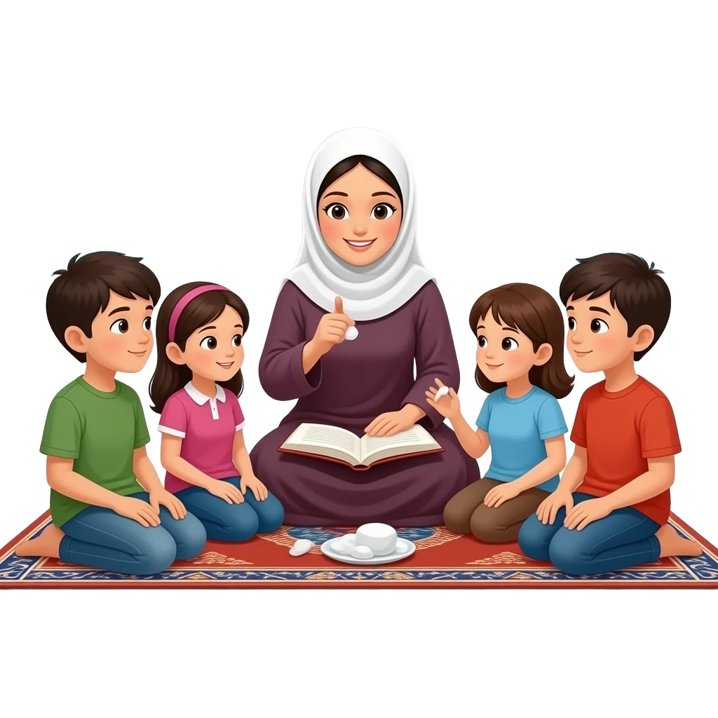 one women is sitting with children in islam and teaching them manners a feamale nit a male emoji