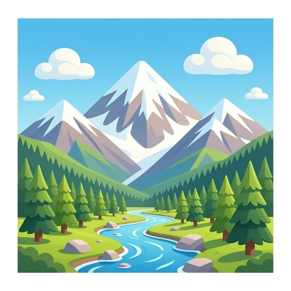 A majestic yet adorable Pixar-style 3D animated mountain range. Beautiful snow-capped peaks with soft rounded shapes, vibrant green forests at the base, sparkling rivers flowing between the mountains, and a few fluffy clouds floating around the peaks. 8k resolution. emoji